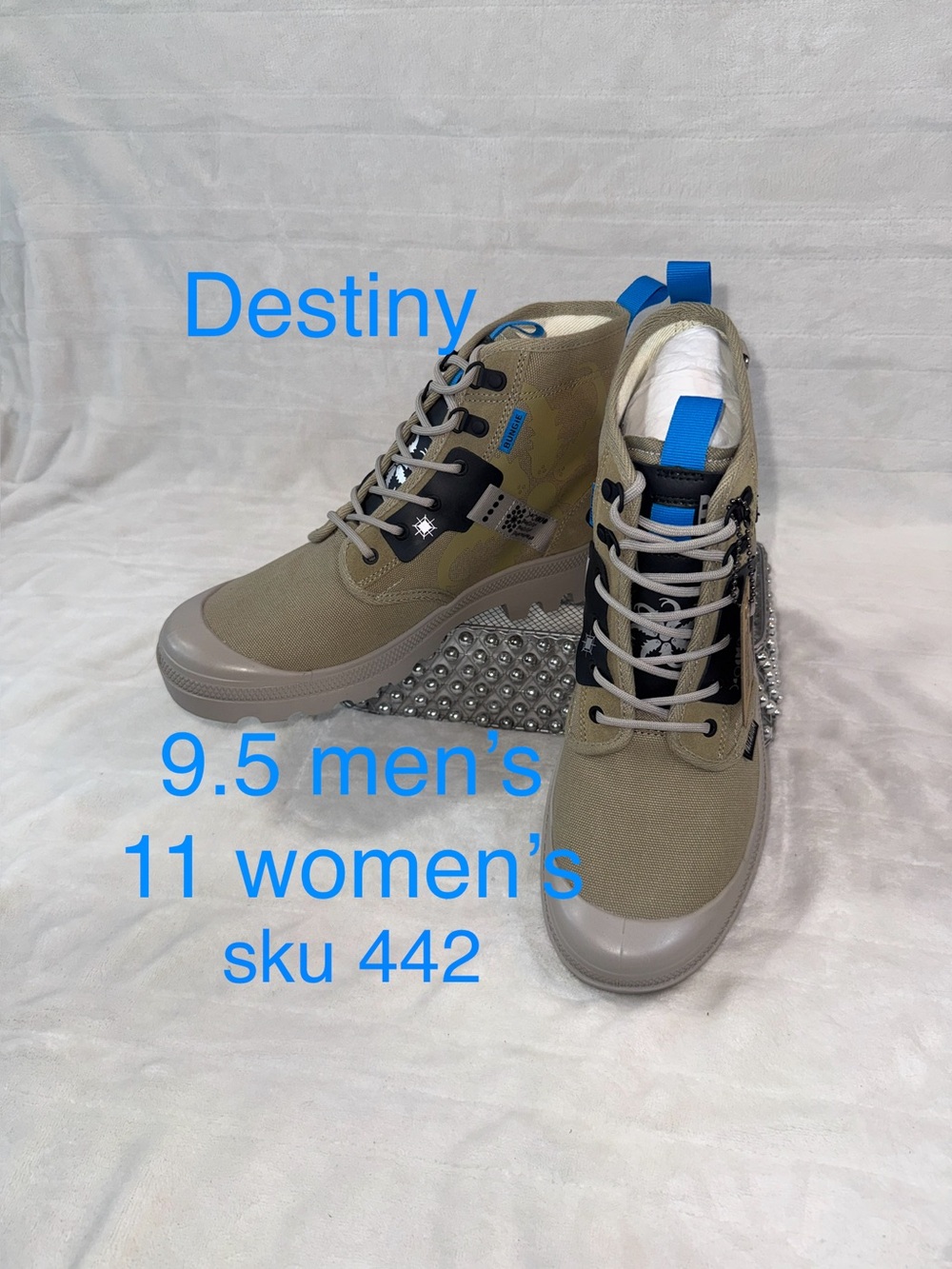 Men's 9.5 Palladium, Destiny collab’ High-Top Boots in Dune with Blue Accents